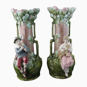 Jugendstil Vasen mit Kinder und Blattwerk, Cecoslovakia, 1900er, 2er Set