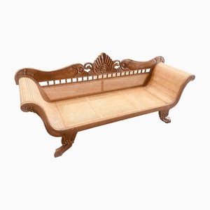 Antique Rattan & Carved Wood Bench