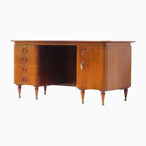 Art Deco Executive Writing Desk in Walnut with Adjustable Brass Legs, 1930s-1950s