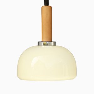 Ivory-Colored Opal Glass and Wood Pendant Lamp, 1970s