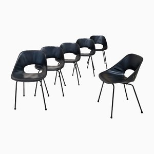 Aluminum Tulip Chairs with Black Leather Upholstery by Pierre Guariche, Set of 6