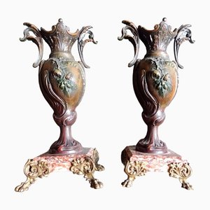 Late 19th Century French Art Nouveau Bronzed Spelter & Marble Vases, Set of 2