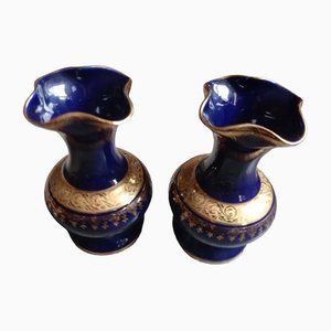 Vintage French Cobalt Blue Vases with Golden Rim, Limoges, France, Set of 2