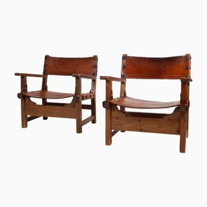 Spanish Brutalist Wood & Leather Armchairs, 1960s, Set of 2