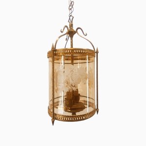 Brass Suspension Light in Decorated Glass