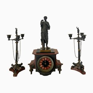 Antique Regency Bronze and Marble Clock Set, 1830, Set of 3