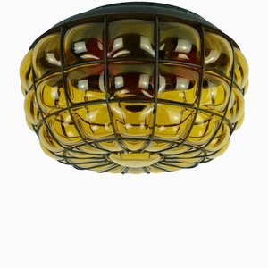 Large Bubble Glass Ceiling Lamp with Bernstein-Colored Glass & Metal from Limburg, 1970s