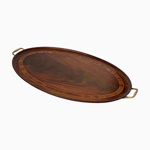 Large Art Deco Brown Wood and Brass Wood Marquetry Tray, France, 1940s