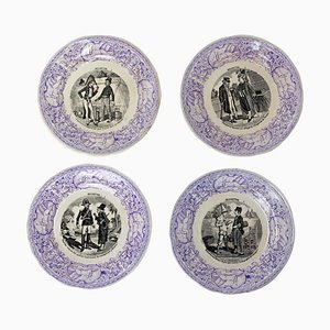 Escenas historizadas del siglo XIX con platos de fayenza Guess, Francia