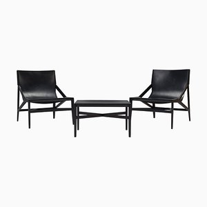 Black Leather 470 Pilotta Armchairs & Footstool attributed to Rodolfo Dordoni for Cassina, 2008, Set of 3
