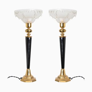 Brass & Wood Opalescent Glass Table Lamp from Ezan, France, 1930s, Set of 2