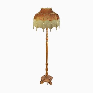 Wood Carved Floor Lamp with Fringed Lampshade, Italy, 1970s