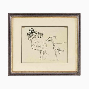 Claudio Cintoli, Shepherd, Original China Ink Drawing, 1958, Framed