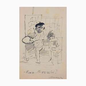 Mino Maccari, Picasso -- Chi era costui?, Original Charcoal Drawing, Mid-20th Century