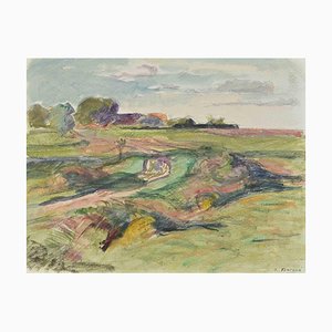 Robert Fontene, The Meadow, Original Watercolor & Pastel Drawing, Mid-20th Century