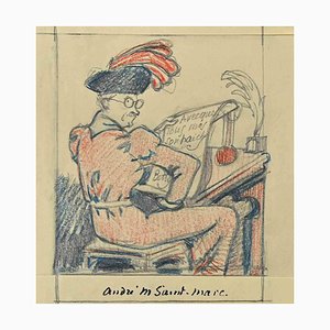 André Meaux Saint-Marc, escritor, dibujo a lápiz original, principios del siglo XX