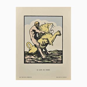 Carlège, Le Lion de Némée, Gravure sur Bois Originale, Début 20ème Siècle