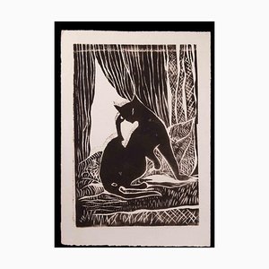 Giselle Halff, Black Cat by the Window, Woodcut Print, Early 20th Century, Framed