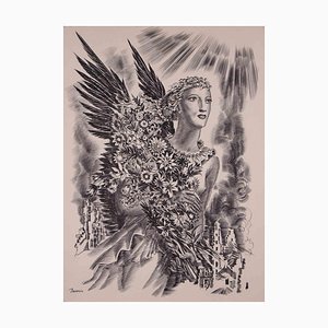 Albert Decaris, Winged Woman, China Ink Drawing, 1960s