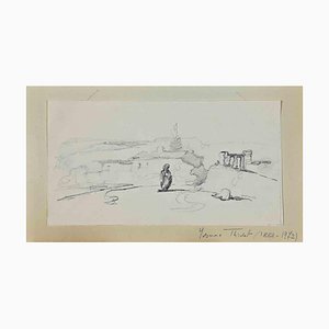 Yvonne Thivet, Landscape, Original Pencil Drawing, Mid-20th Century