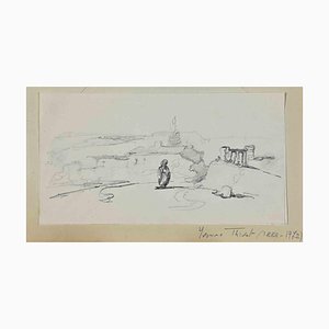 Yvonne Thivet, paisaje, dibujo a lápiz original, mediados del siglo XX