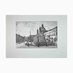 Acquaforte originale di Giuseppe Malandrino, Veduta di Piazza Navona, anni '70