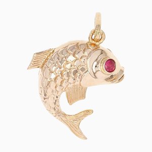 18 Karat Rose Gold Ruby Fish Charm Pendant, 1960s