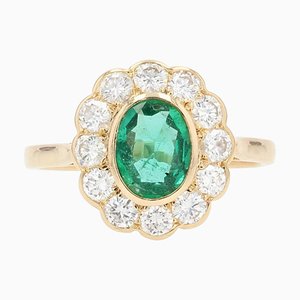 Französischer 18 Karat Gelbgold Eemarld Diamant Pompadour Ring, 1980er