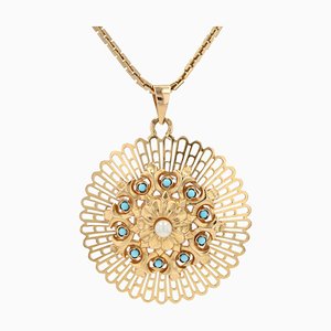 18 Karat French Yellow Rose Gold and Cultured Pearl Turquoise Pendant, 1960s