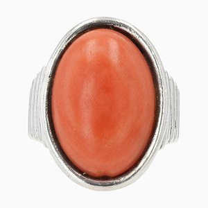 Coral Cabochon Silver Gadrooned Ring, 1970s