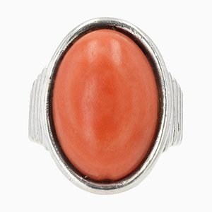 Korallener Cabochon Silberring mit Gadroon, 1970er