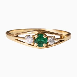 18k Vintage Gold with Emerald and Diamonds Trilogy Ring, 1970s
