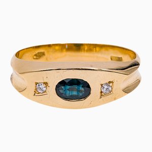 18k Vintage Yellow Gold Ring with Sapphire and Diamonds, 1950s