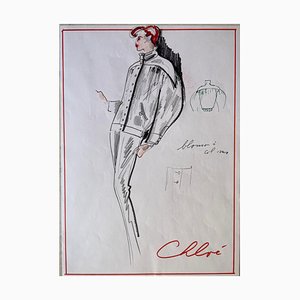 Karl Lagerfeld, Esquisse pour une Veste, 20ème Siècle, Marqueur Original & Dessin au Crayon de Couleur