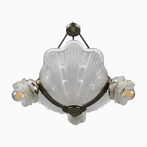 Art Deco French Four-Light White Frosted Glass Shell Ceiling Lamp, 1930s