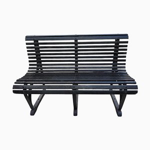 Vintage Wrought Iron Garden Bench with Wooden Slats, 1930s