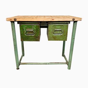 Green Industrial Worktable with Two Iron Drawers, 1960s