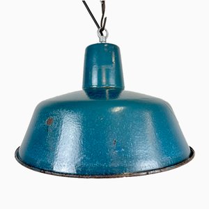 Lámpara colgante industrial de fábrica esmaltada en azul, años 60