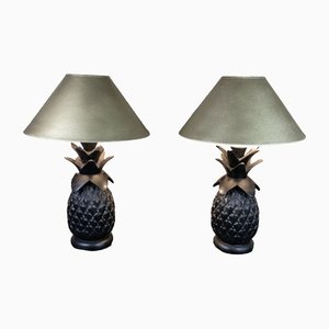 Vintage Sculpted Wooden Pineapple Table Lamps, 1970s, Set of 2
