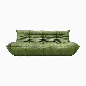 Vintage French Green Leather Togo Sofa by Michel Ducaroy for Ligne Roset, 1970s