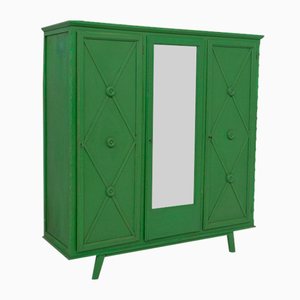 French Varnished Green Wood Wardrobe Cabinet, 1950s
