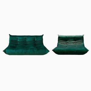 Set of Bottle Green Velvet Togo 2- and 3-Seat Sofa by Michel Ducaroy for Ligne Roset