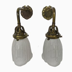 Art Nouveau Brass and Frosted Glass Sconces, Set of 2