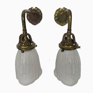 Jugendstil Wandleuchten aus Messing & Milchglas, 2 . Set