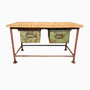 Red Industrial Worktable with Two Green Iron Drawers, 1960s