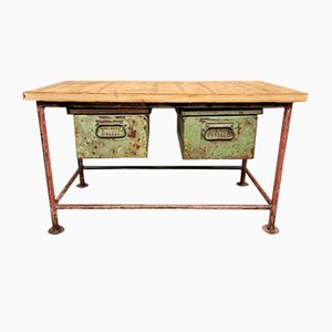 Table de Travail Industrielle Rouge avec Deux Tiroirs en Fer Vert, 1960s