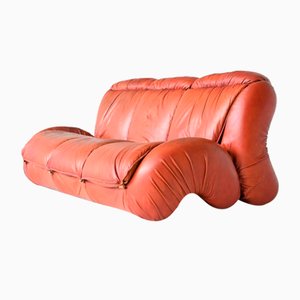 Sculptural Three-Seater Lounge Sofa in Orange Brown Leather, Italy, 1970s