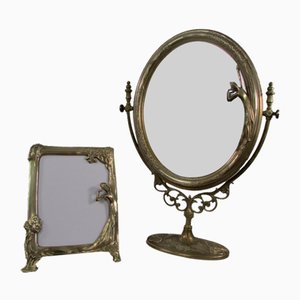 Table Tilting Mirror and Art Nouveau Photo Holder in Bronze, 1890s, Set of 2