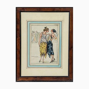 Luigi Bompard, Confidences, Aquarelle et Encre, 1920s, Encadré