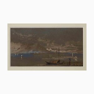 Friedrich Paul Nerly, The River, Original Ink & Watercolor, fine XIX secolo